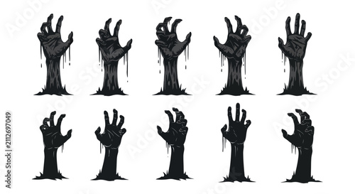 Fotografie Collection of spooky black zombie hands emerging from the ground, representing h