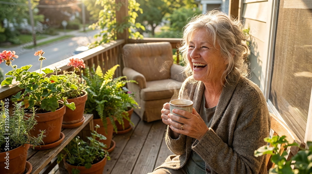 Fototapeta premium Happy senior woman drinking coffee on balcony.