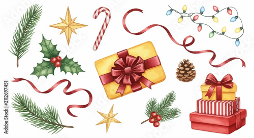 Set of Festive Christmas Watercolor Illustrations Featuring Gifts Pine Branches and Decorative Holiday Elements