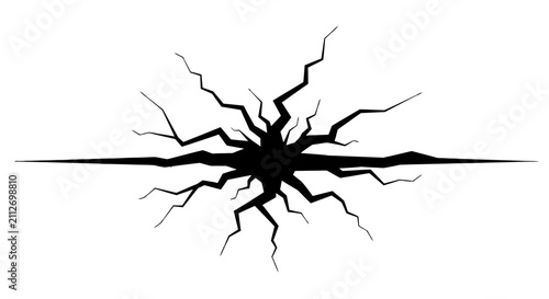 Obraz na płótnie A stark black graphic illustration of a deep, jagged crack spreading outwards from a central point on a white background