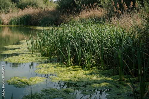 Green marsh grass grows along pond edge with algae bloom. Tall reeds stand near calm water reflecting sky. Nature scene shows wetland habitat in summer sunlight.