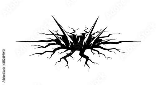 Obraz na płótnie A striking black and white graphic illustration of a jagged crack in the ground with sharp, pointed shards erupting from its center