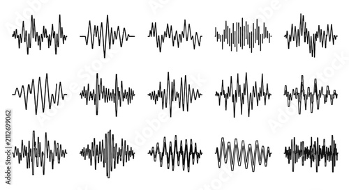 Collection of abstract black wavy lines resembling sound waves or seismic activity on a white background, illustrating various signal patterns.