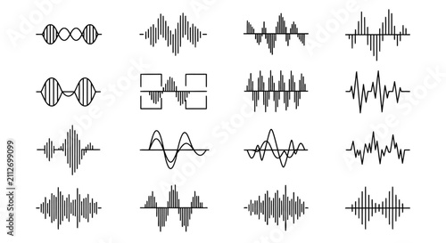 Canvastavla A collection of diverse sound wave and signal waveform patterns illustrating various frequencies, amplitudes, and modulations in a grid layout