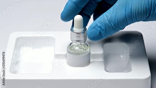 Healthcare Professional in Blue Gloves Handling Glass Vial in Sterile Tray for Pharmaceutical Laboratory Precision Procedures