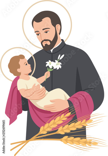фотографія Ilustración de San Cayetano sosteniendo al Niño Jesús con lirios blancos y espig