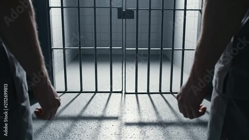 Symbolic Representation of Confinement with Hands Gripping Prison Bars Inside a Dimly Lit Jail Cell