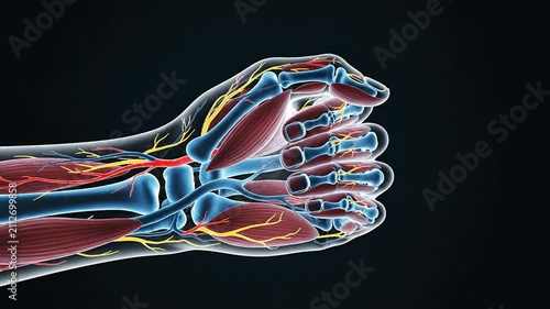 Transparent Hologram Of Hand Anatomy Showing Muscles, Tendons, And Nerves For Medical And Educational Use