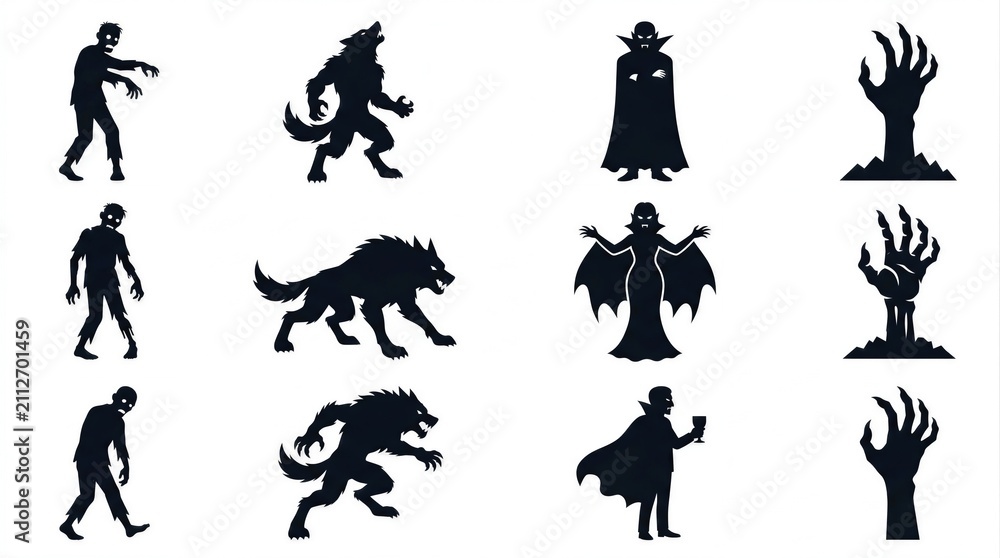 Obraz premium Black silhouette collection of classic horror monsters for halloween graphic design projects