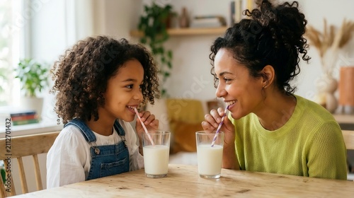 Happy Mother and Little Daughter Drinking Fresh Milk Together with Straws at Home Table