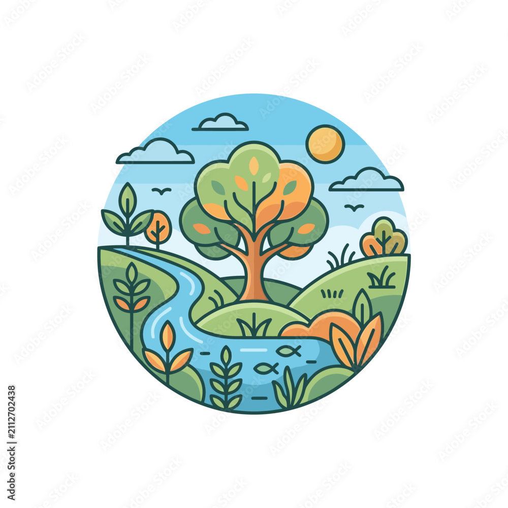 Fototapeta premium Serene Landscape with Tree and River Scene.