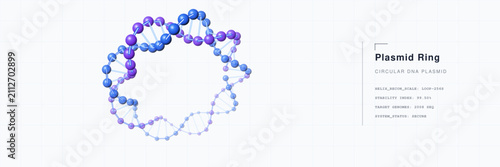 Circular DNA plasmid double helix ring made of blue and purple spheres, representing biotechnology research and molecular genetic engineering