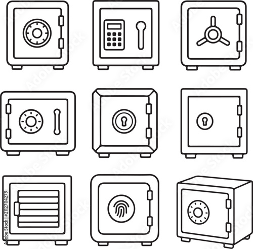 A collection of black and white line art icons depicting various types of metal safes.