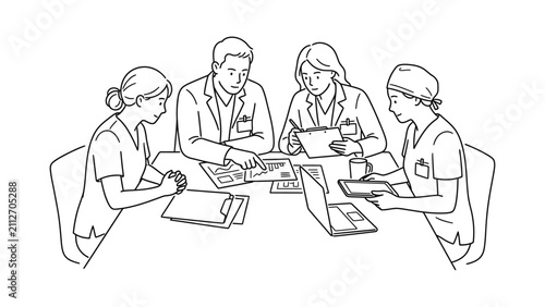 Medical team in a meeting discussing patient diagnosis and treatment plan.