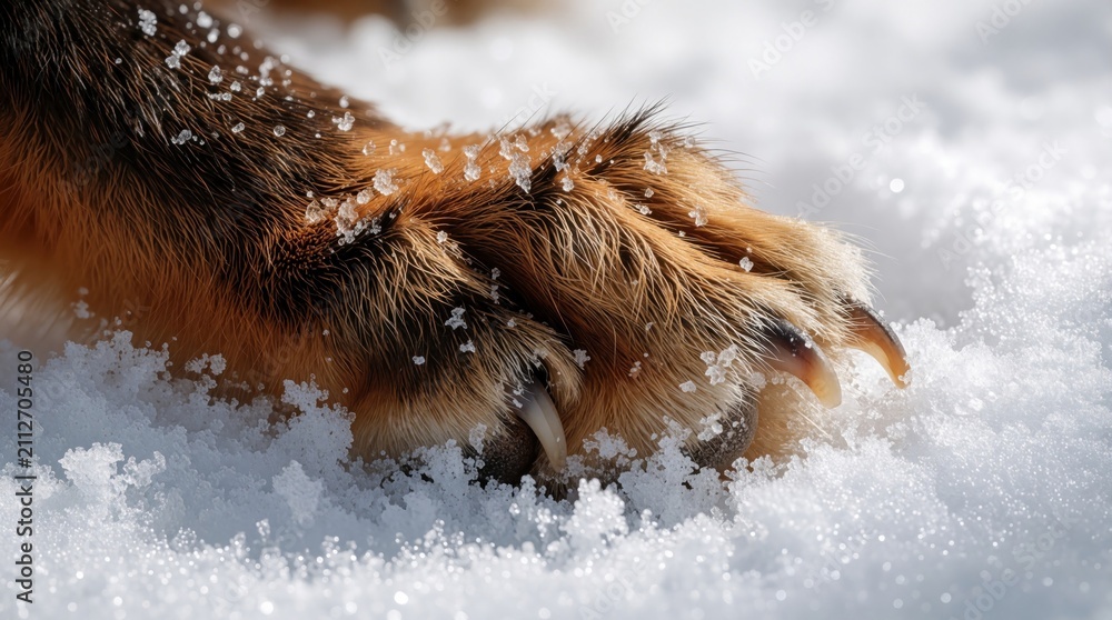Fototapeta premium Macro shot of red fox paw on white snow ground. Sharp claws of wild animal visible in cold winter weather condition. Brown orange fur texture contrast against icy crystals. Detailed wildlife