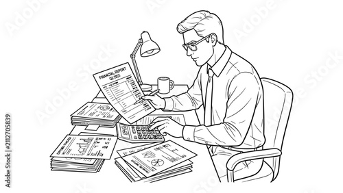 A dedicated professional accountant working at his desk with financial documents.