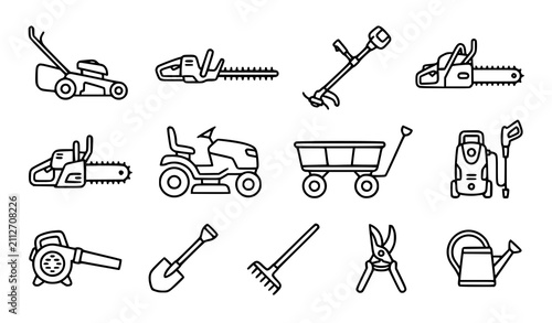 Bild auf Leinwand Minimal Garden Machinery Line Icon Pack Vector Illustration for Lawn Care and La