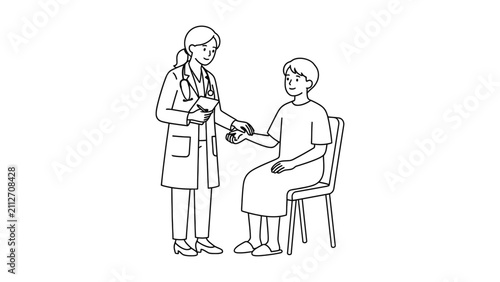 A line drawing illustration of a female doctor examining a male patient in a clinical setting.