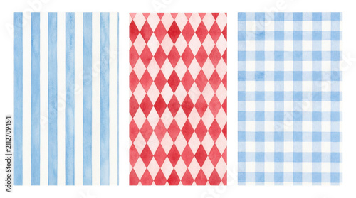 Set of watercolor patterns with blue stripes red diamonds and checkered isolated on transparent background