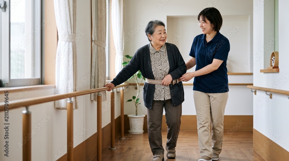 Obraz premium 手すりのある施設廊下で会話をしながら歩行介助を行う日本人女性ケアワーカー