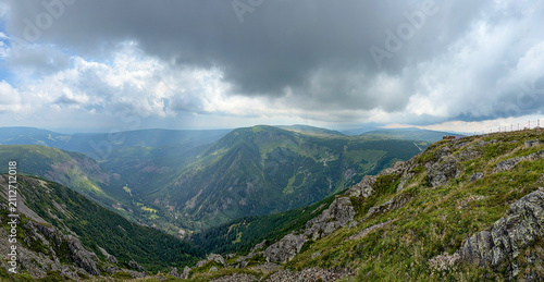 Panoramic View from Śnieżka Mountain Summit over the Czech Republic and the Karkonosze Mountains, Karpacz, Poland – Dramatic Clouds Above Scenic Mountain Valleys, Popular European Travel Destination