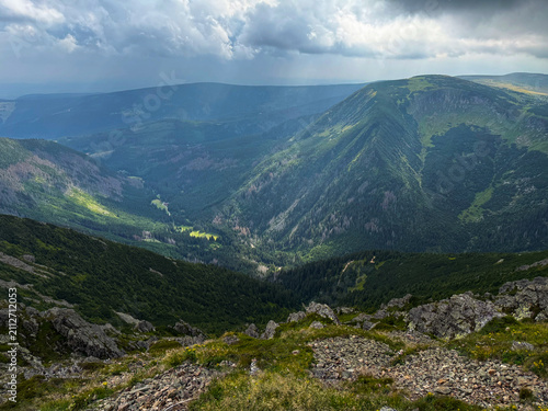 Panoramic View from Śnieżka Mountain Summit over the Czech Republic and the Karkonosze Mountains, Karpacz, Poland – Dramatic Clouds Above Scenic Mountain Valleys, Popular European Travel Destination