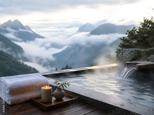 Luxury spa resort relaxation with mountain mist view. Tranquil wellness retreat featuring natural hot spring and zen decor.