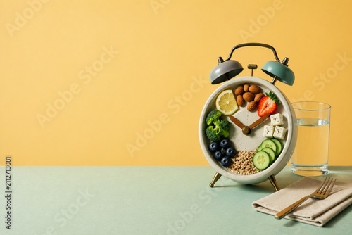 Healthy Eating Schedule and Balanced Nutrition Concept with Food Clock and Copy Space