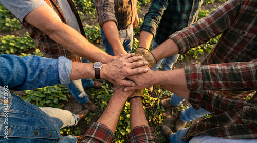 Group of farmers joining hands together in a circle top view close up in agricultural crop field demonstrating teamwork and partnership