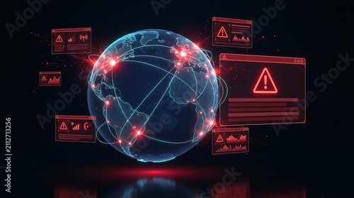 Global cybersecurity threat digital network earth globe with red alert popup windows warning system malware attack and data breach concept