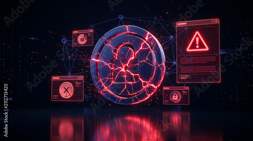 Cybersecurity breach concept with cracked padlock coin icon red warning system error popup alert windows and digital data security threat