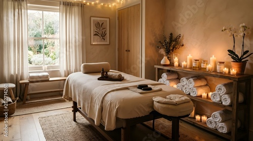 Massage room with a large window and a white towel in a peaceful spa wellness setting