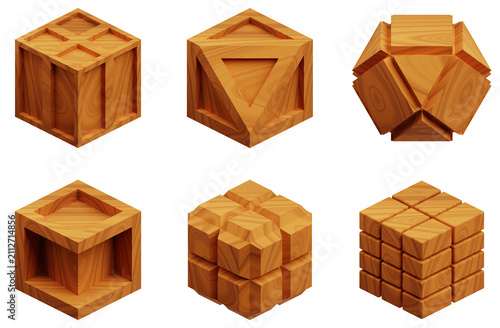 Obraz na plátně Wood Cube Abstract Shape 3D Icon Pack Isolated On The White Background