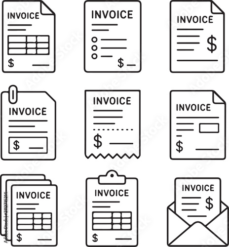 A collection of black and white line art icons representing various invoice and billing.