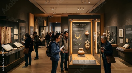 Group of people standing around a museum in an art exhibition and cultural visit scene