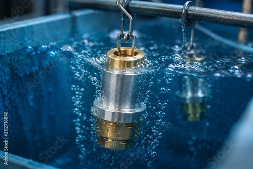 A brass component submerged in a blue electroplating bath, bubbles rising.