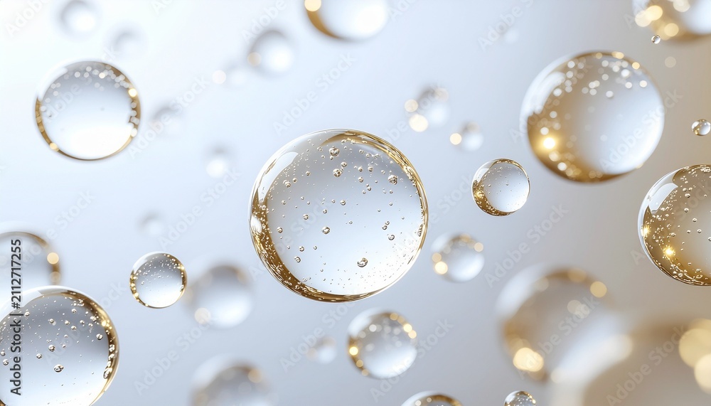 Fototapeta premium Luxury Serum Bubbles with Golden Highlights｜金色の光をまとった透明な美容液バブルの背景