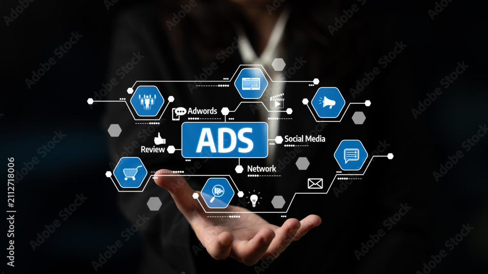 Fototapeta premium A business woman displays vibrant advertisement concepts and icons, showcasing digital marketing strategies that include social media, reviews, and networking. Tessel