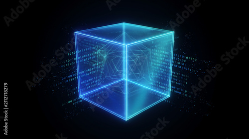 Holographic Cube with Glowing Blue Wireframe and Binary Code in Dark Void
