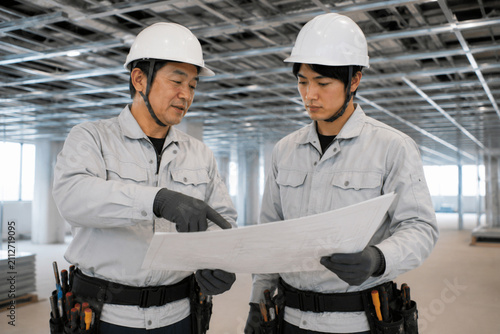 図面を確認する建設作業員