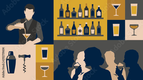 Professional bartender pouring cocktail near liquor bottles and silhouettes of people socializing in a lounge, illustrating nightlife entertainment, provides hospitality branding