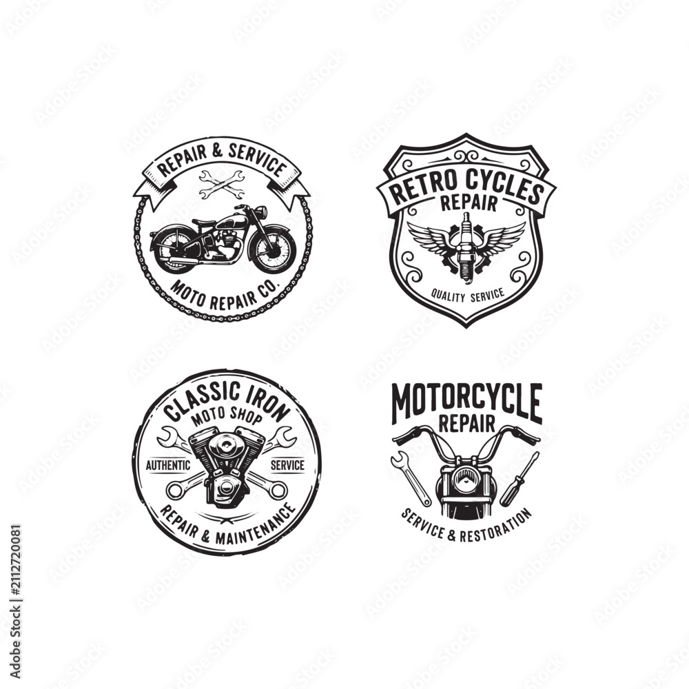 Fototapeta premium Retro Motorcycle Repair Garage Vintage Badge Logo Collection Monochrome Vector