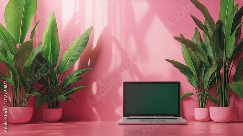 Modern Home Office Setup: Laptop on Pink Desk with Lush Green Plants and Soft Light