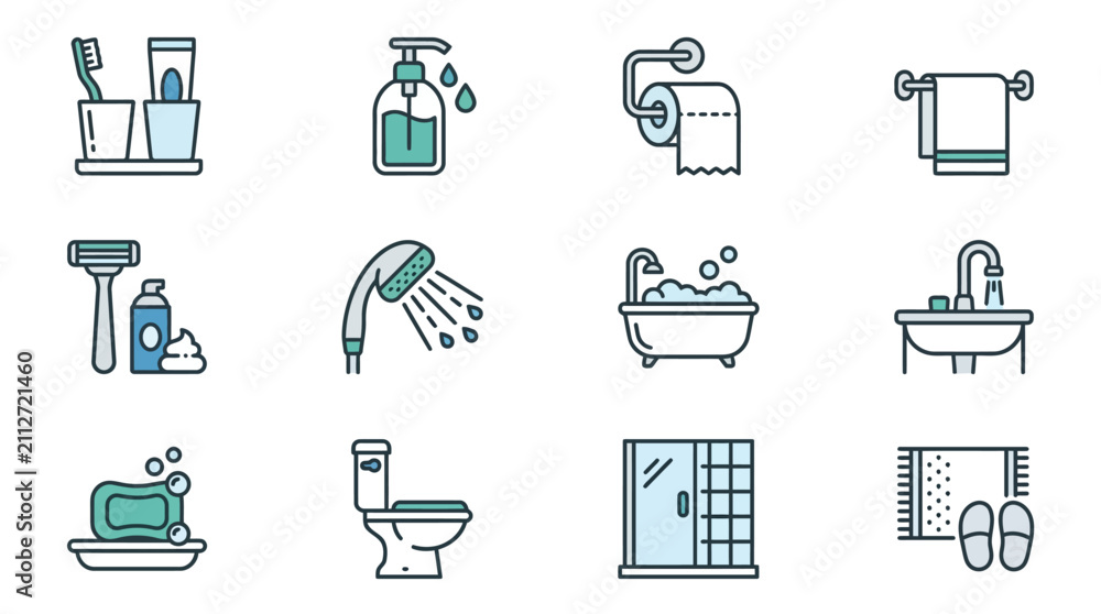 Fototapeta premium Bathroom Icons: Hygiene, Cleaning, and Personal Care Elements