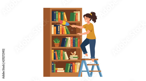 Bild auf Leinwand Woman dusting a bookshelf with a feather duster while standing on a step ladder