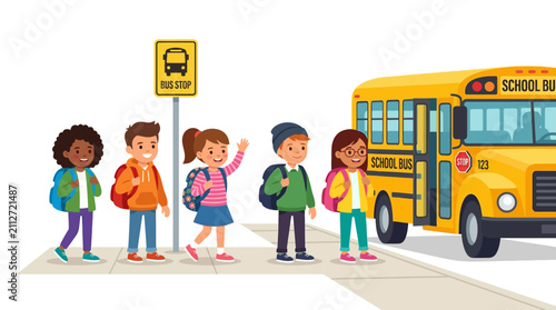 Children wait for school bus at bus stop.