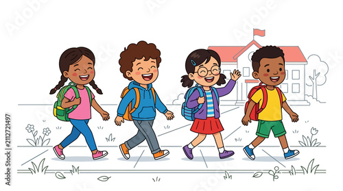 Fotografie Diverse children happily walking to school with backpacks