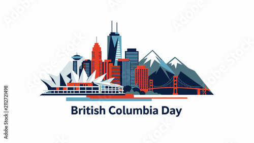 British Columbia Day Celebration Illustration with Vancouver Skyline, Mountains, and City Landmarks