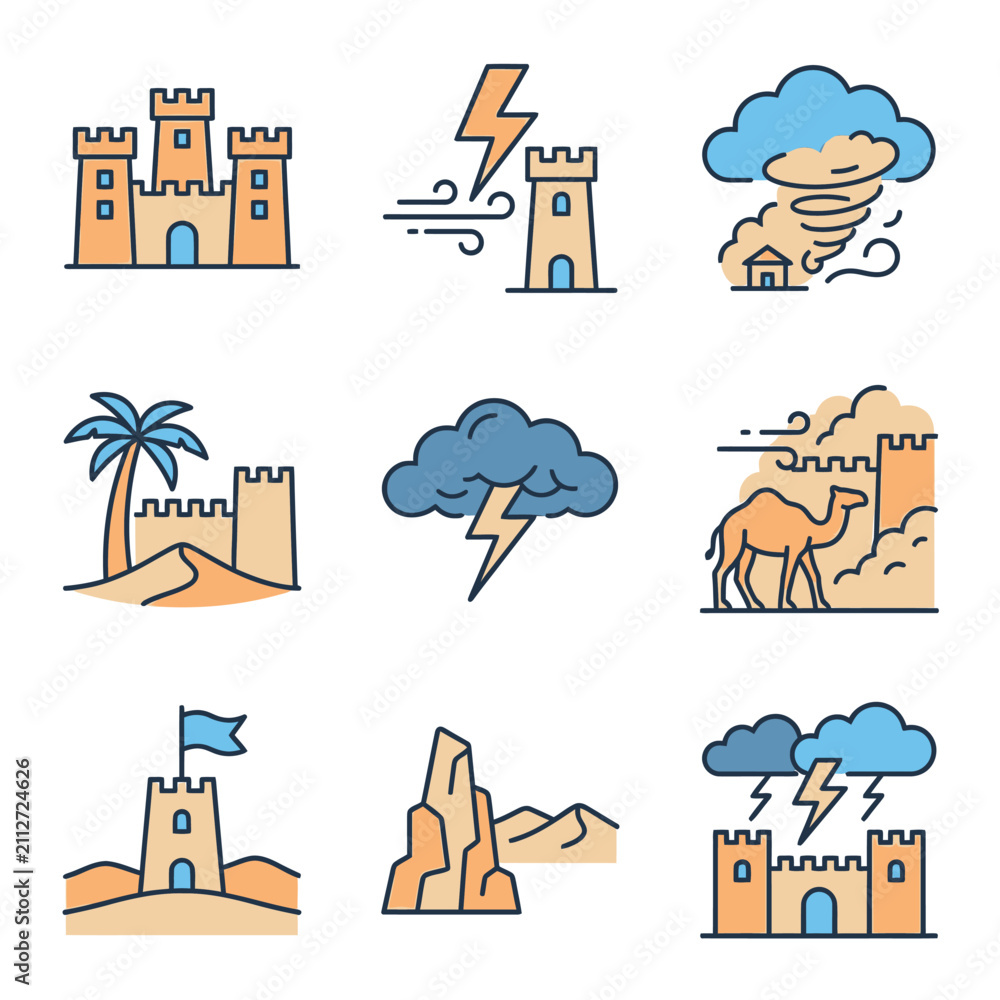 Naklejka premium Desert storm weather and historical architecture icons.