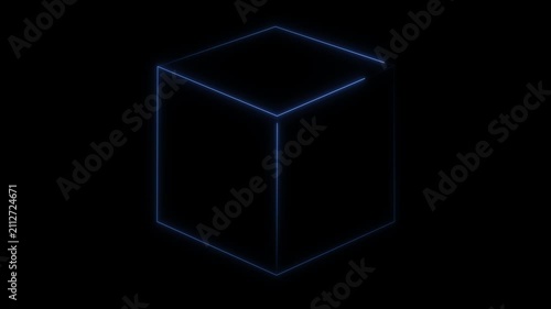 Minimal Blue Glowing Cube Outline Motion Graphics Animation for Blockchain Data Block and Digital Tech Concept.Neon 3d square box stroke icon